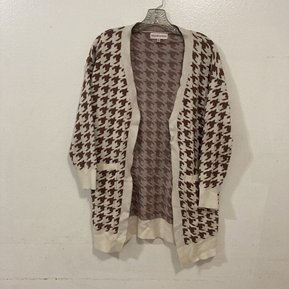 WILLOW AND WIND cream brown houndstooth open front low v-neck cardigan sweater S